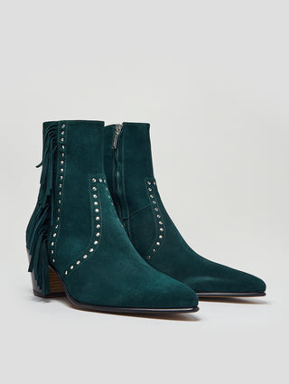 NICO 60MM "MOJAVE" FRINGED BOOT IN EMERALD GREEN SUEDE - ALESSANDRO VASINI