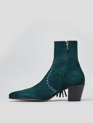 NICO 60MM "MOJAVE" FRINGED BOOT IN EMERALD GREEN SUEDE-Woman