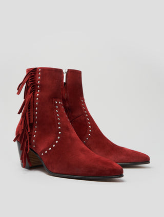 NICO 60MM "MOJAVE" FRINGED BOOT IN RUBY RED SUEDE - ALESSANDRO VASINI